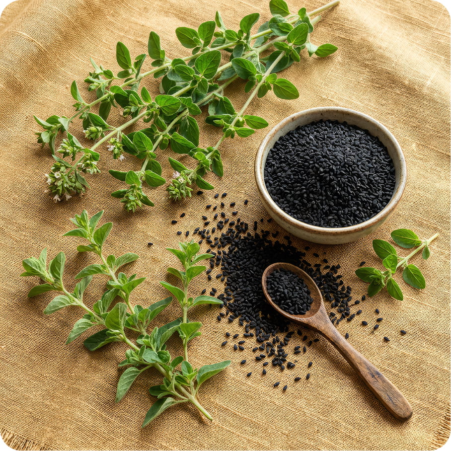 Oregano sprigs and black seeds on natural linen