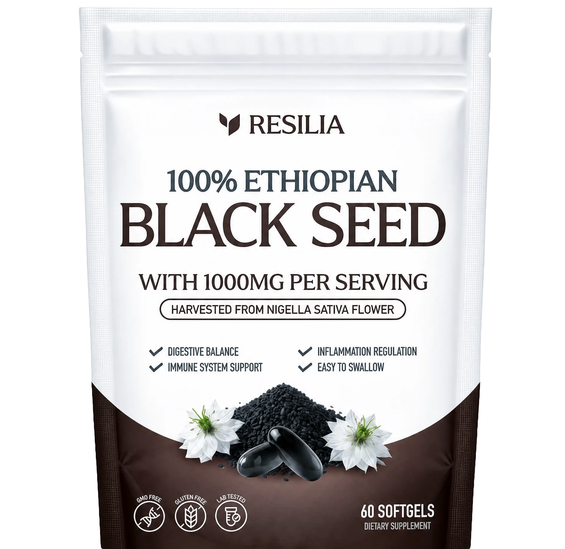 Resilia Ethiopian Black Seed Oil pouch and softgels