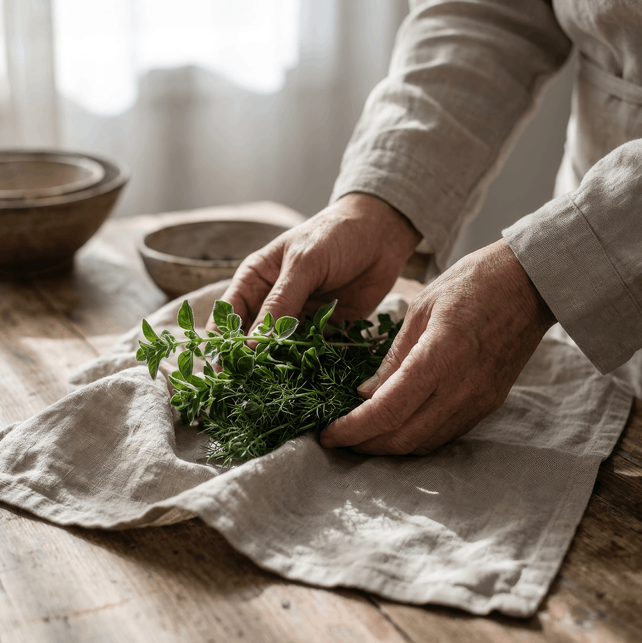 Hands preparing fresh oregano