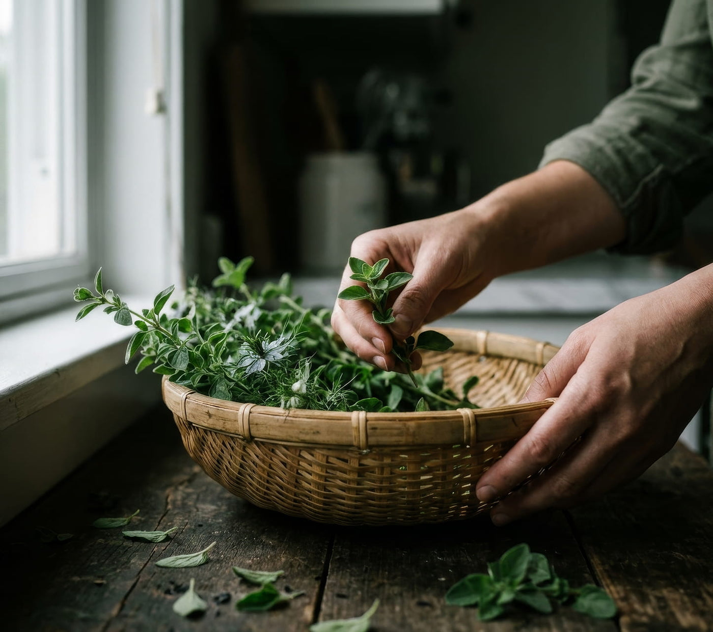 Fresh herbs gathered in a basket