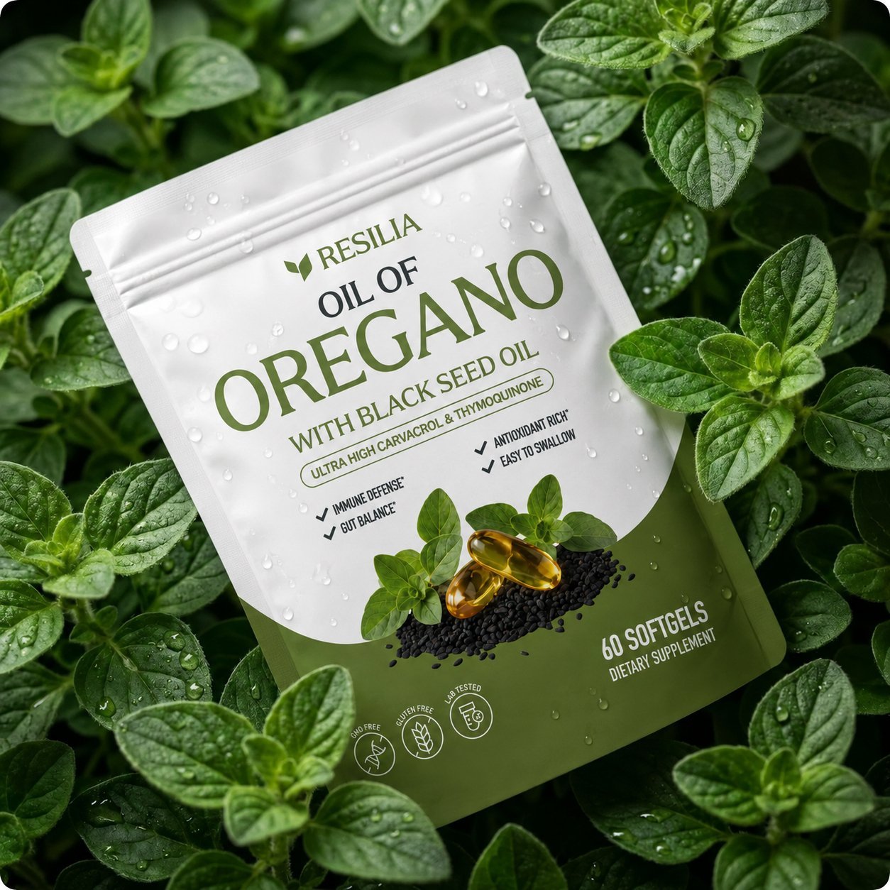Resilia Oil of Oregano among fresh oregano leaves